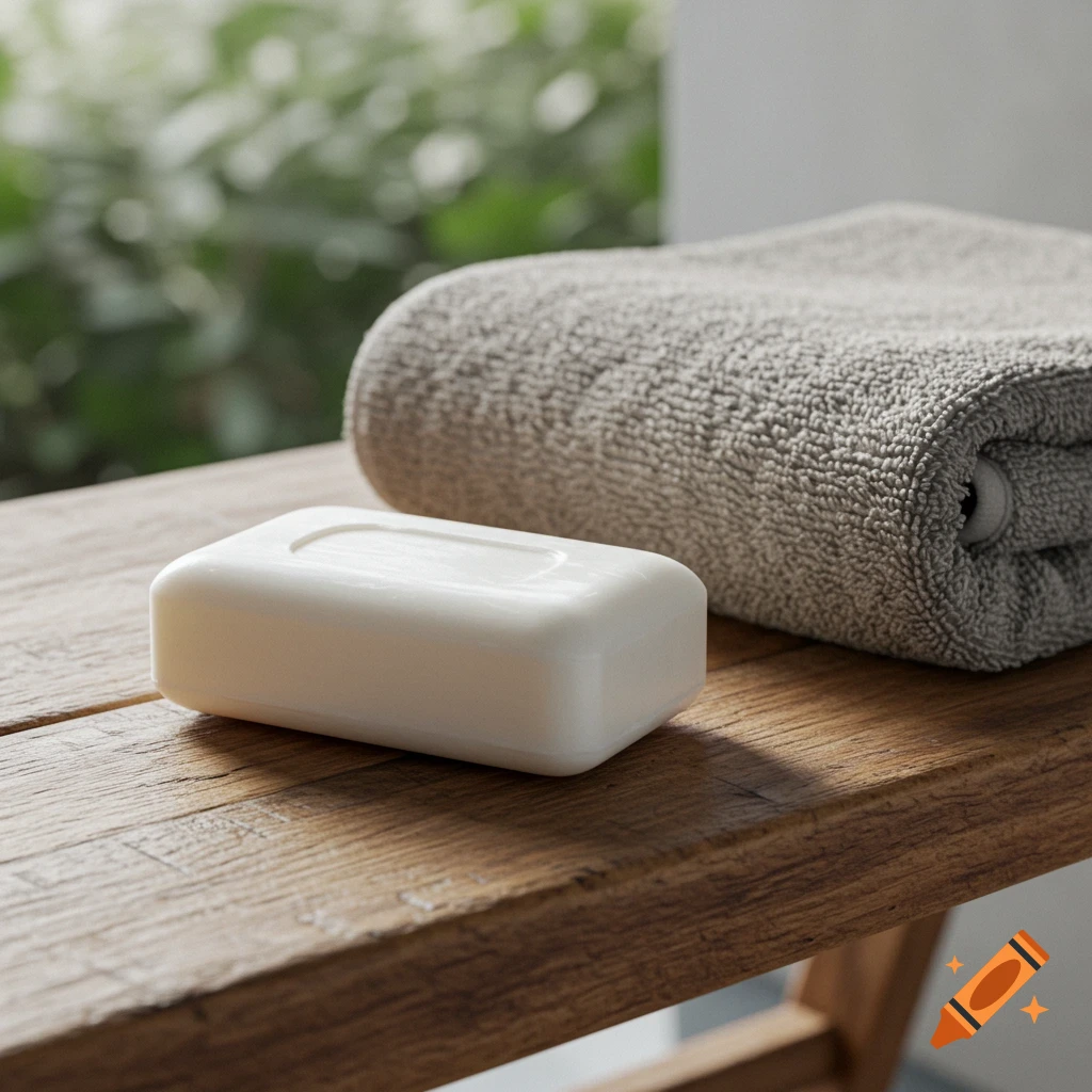 A white bar of soap and a folded gray towel rest on a wooden bench with blurred greenery in the background.