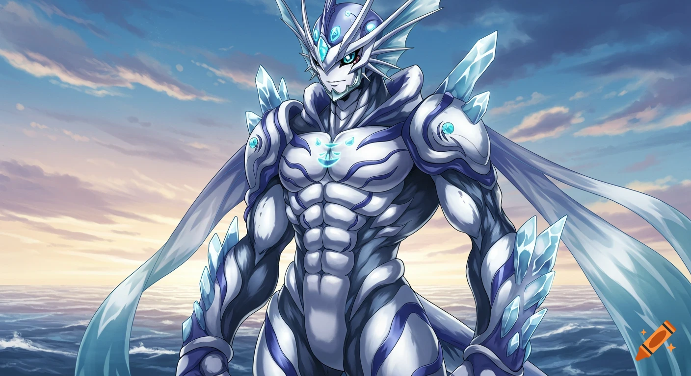 An anime-style bipedal sea creature in white and blue armor with glowing symbols, standing over an ocean at dawn.