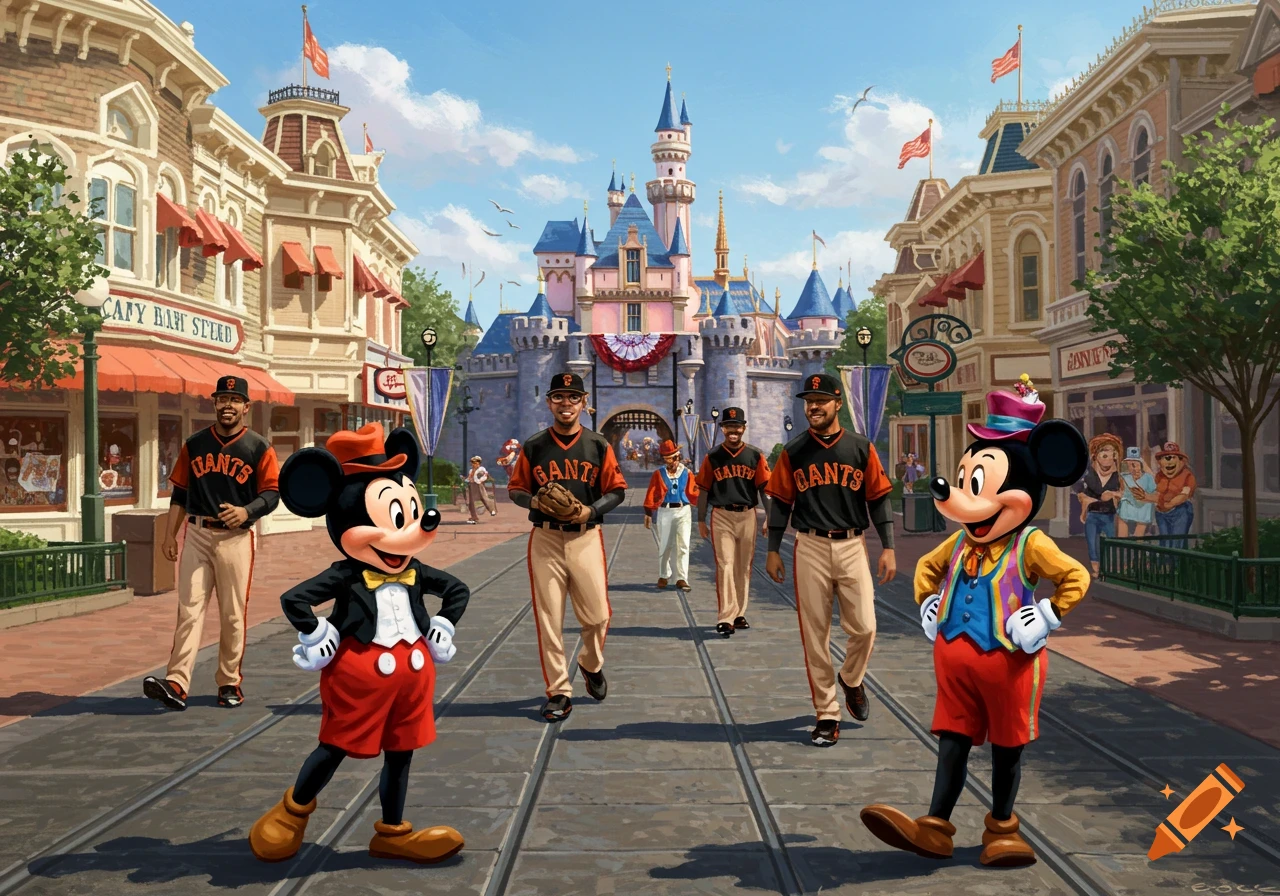 Mickey Mouse, a baseball team in Giants jerseys, and another Mickey Mouse character walk down Main Street towards a castle at Disneyland in a vibrant illustration.