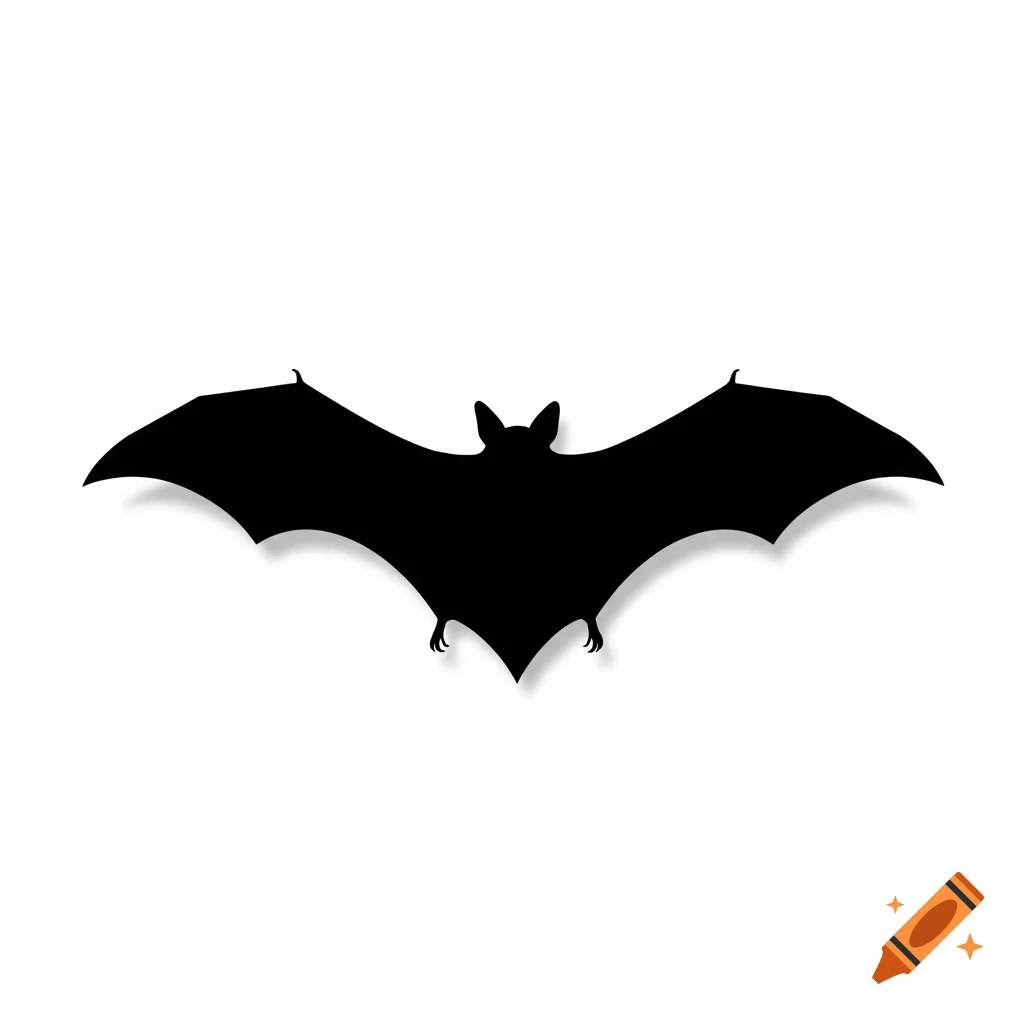 A black bat silhouette with outstretched wings casting a subtle shadow on a white background.