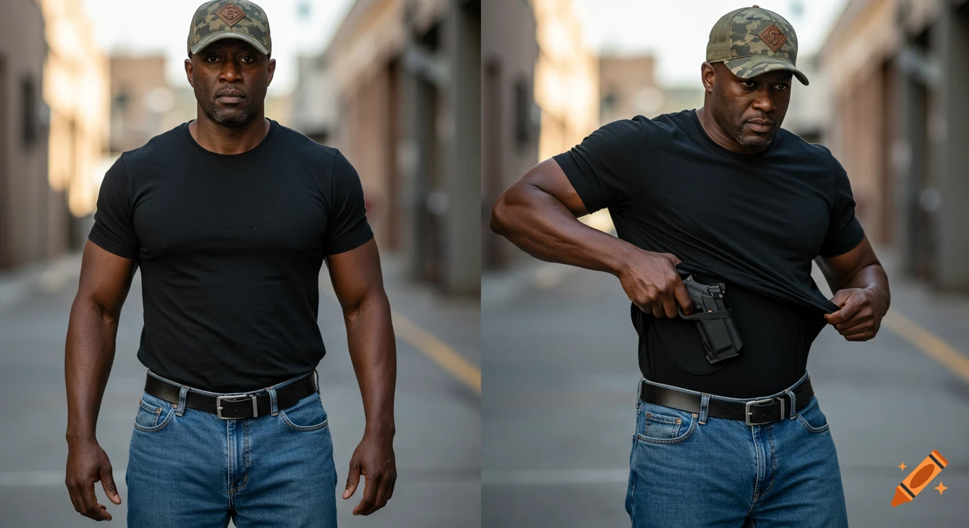 A photorealistic diptych shows a man. On the left, he conceals a handgun under his shirt. On the right, he lifts his shirt to reveal the holstered gun.