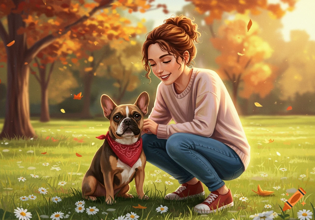 An illustration of a woman crouching next to a French Bulldog in an autumn park with falling leaves and daisies.