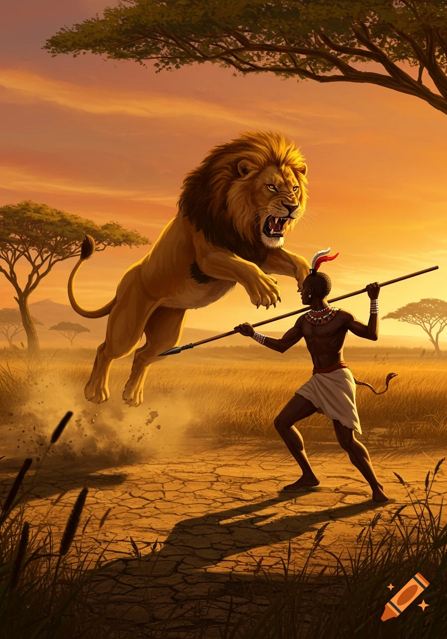 A man with a spear defends against a leaping lion in a dramatic savanna illustration at sunset.