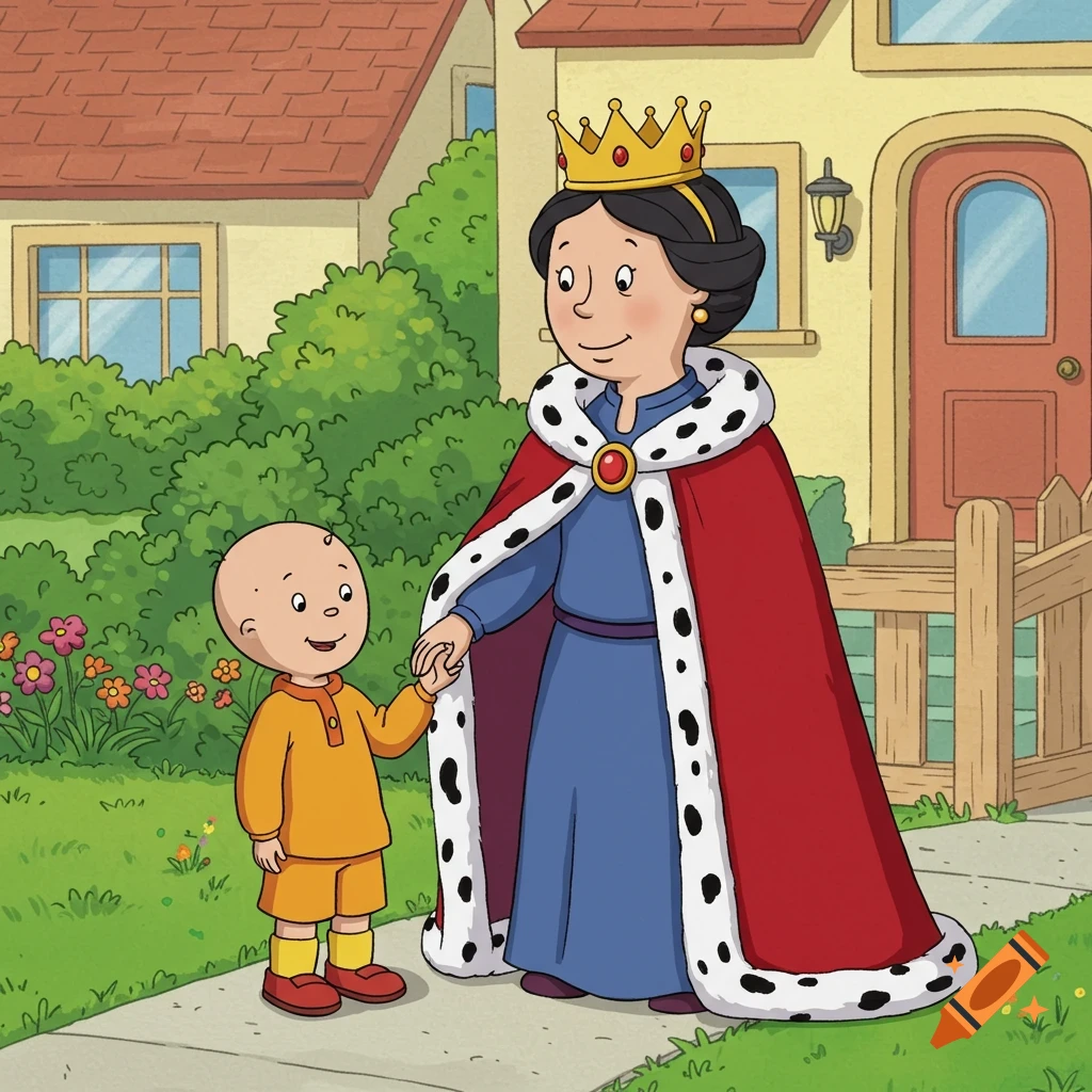 Cartoon of Caillou holding hands with his mother, Queen Doris, outside their house.