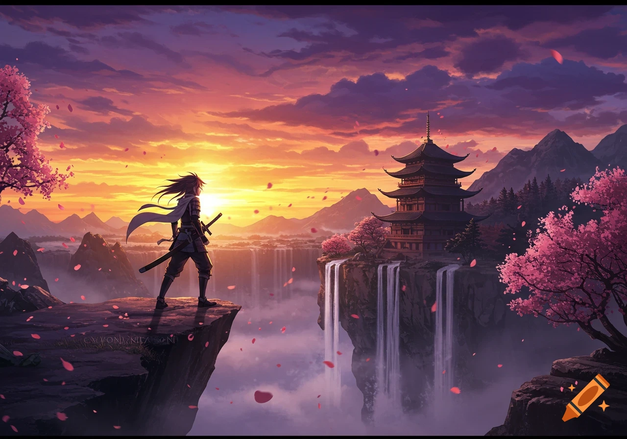 Anime samurai stands on a cliff overlooking a pagoda, waterfalls, and misty valley at sunset, with cherry blossoms.