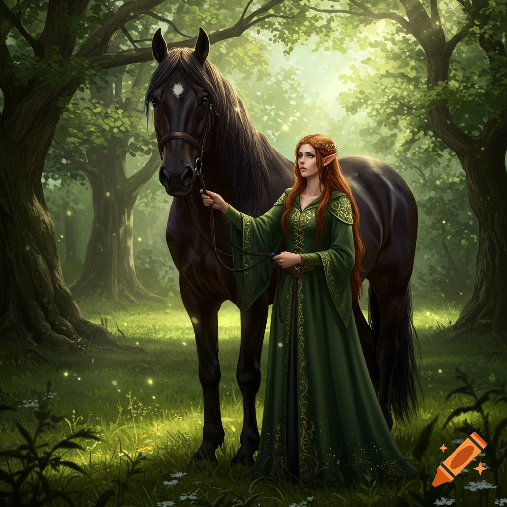 A red-haired elf woman in a green gown leads a black horse through a sunlit, enchanted forest.
