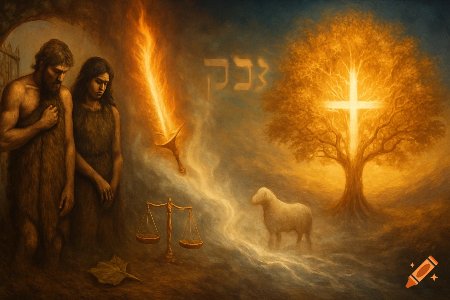 A painted biblical scene showing Adam and Eve, a flaming sword, scales, a lamb, and a glowing Tree of Life with a cross.