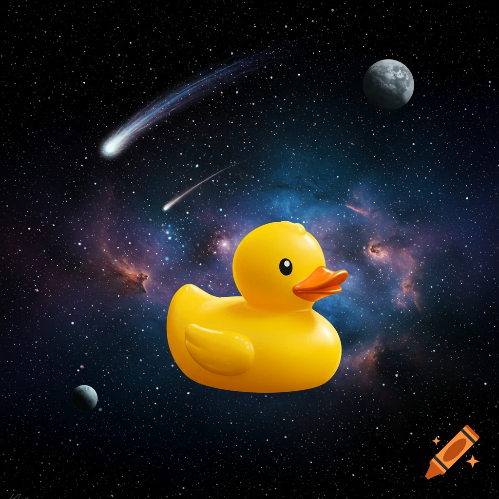 A yellow rubber duck floats in outer space, surrounded by stars, comets, and planets, against a background of colorful nebulae.