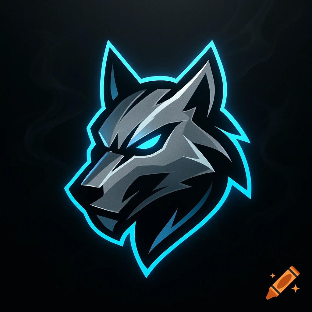 A stylized grey wolf head logo with glowing blue eyes and a neon blue outline on a dark background.
