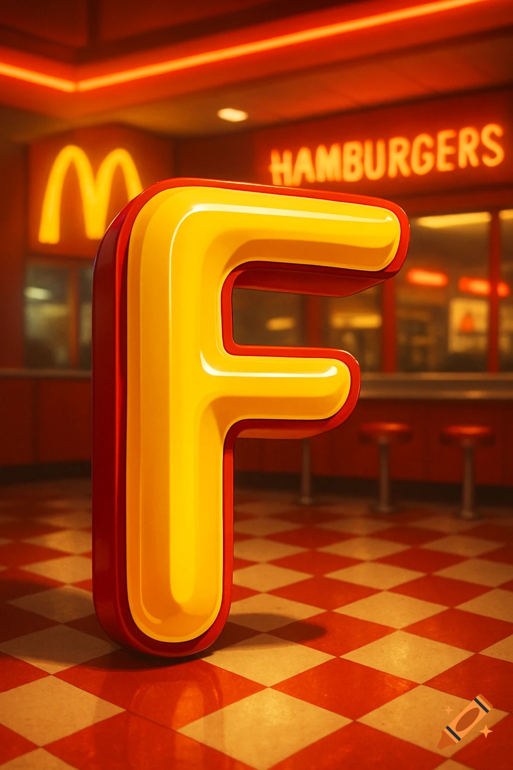 A large, glossy red and yellow letter F stands on a checkered floor in a McDonald's-themed diner with neon signs.