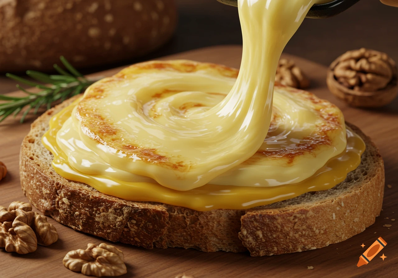 Photorealistic close-up of gooey raclette cheese melting onto a slice of bread, with walnuts and rosemary on a wooden surface.