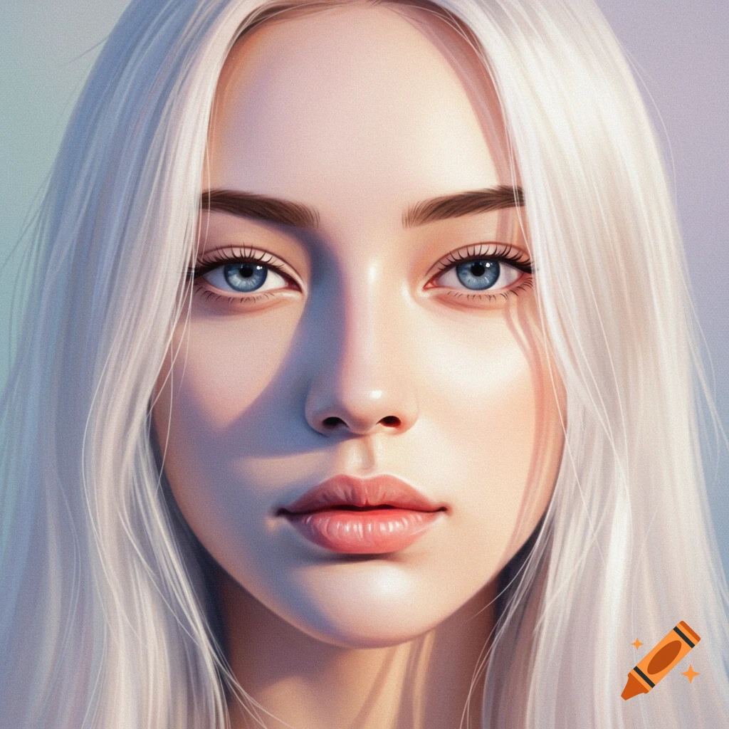 Close-up digital art portrait of a young woman with long white hair and striking blue eyes.