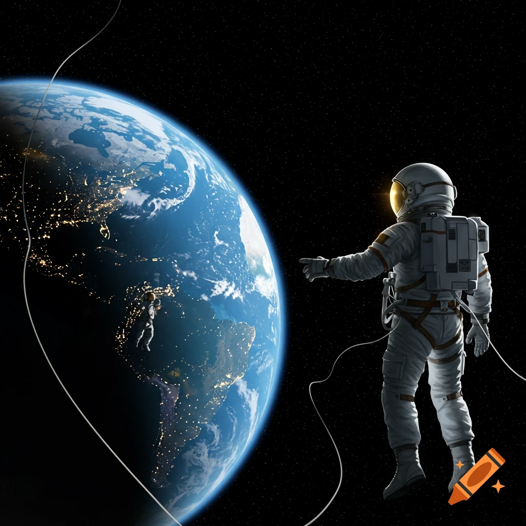 Two astronauts float in space near Earth, which is lit up with city lights on one side, against a starry background.