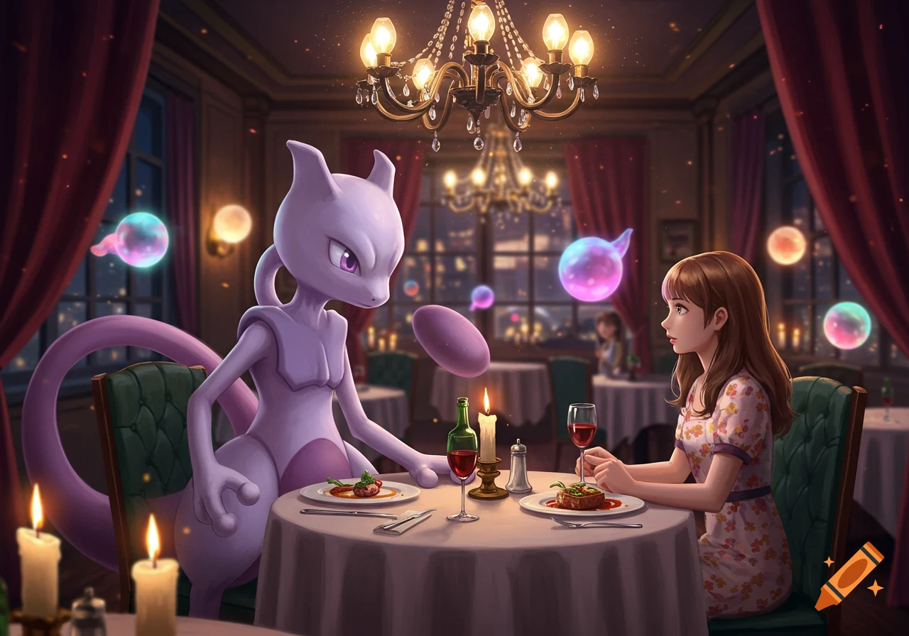 Mewtwo and a teenage girl on a dinner date in a fancy restaurant with chandeliers and glowing orbs, anime style.