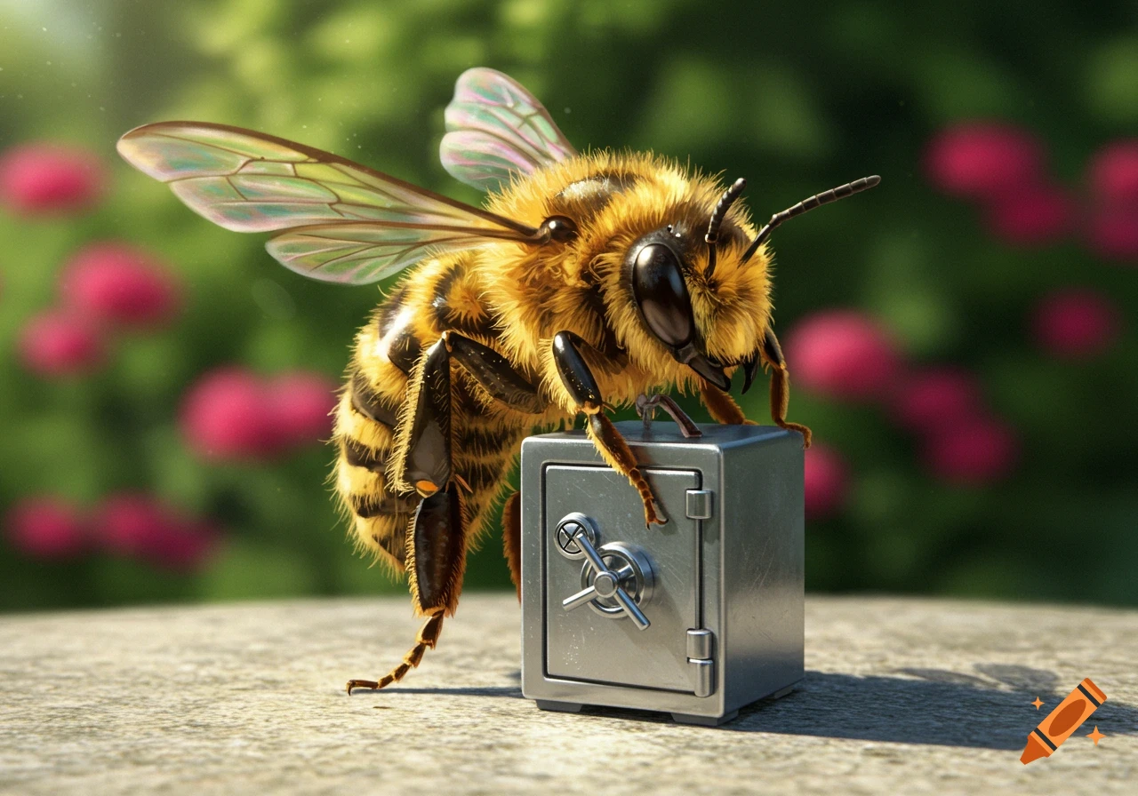 A large, fuzzy, photorealistic bee stands on top of a small, silver steel safe in a garden setting.