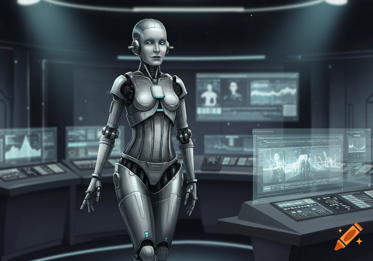 A silver robot woman stands in a futuristic control room with glowing screens, digital art.
