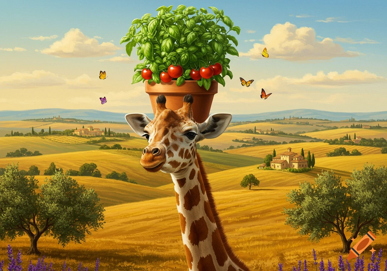 A giraffe with a pot of basil and tomatoes on its head stands in a golden Italian countryside with villas and butterflies.