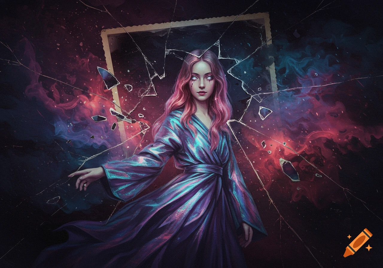 Pink-haired woman with glowing eyes in an iridescent robe, emerging from a shattered picture frame with a cosmic background, digital art.