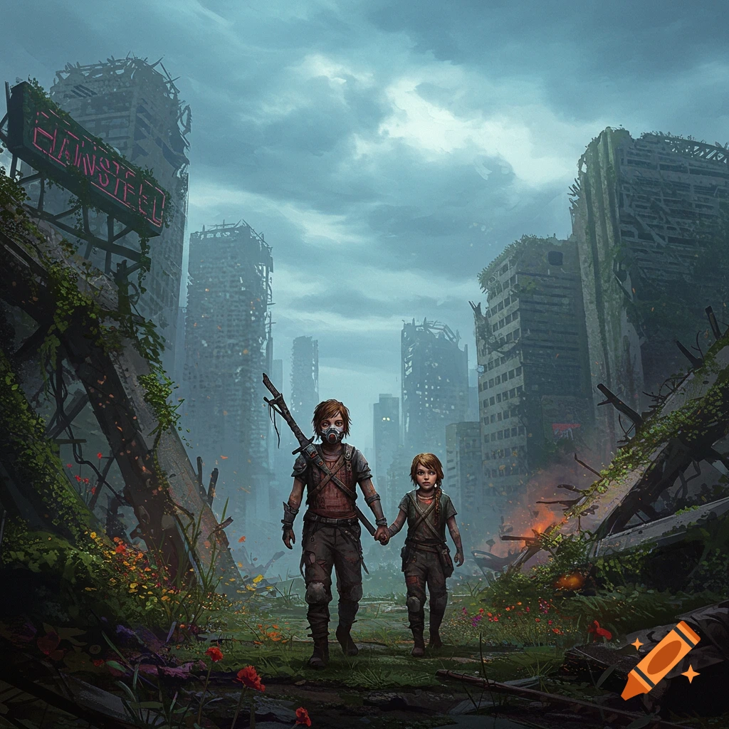 A boy in a gas mask and a girl walk hand-in-hand through a ruined, overgrown dystopian city.
