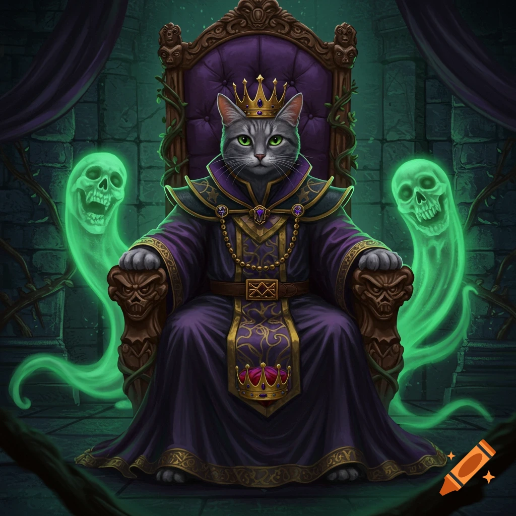 A regal grey cat in a crown and purple necromancer robes sits on an ornate dark throne, with two glowing green ghost skulls.