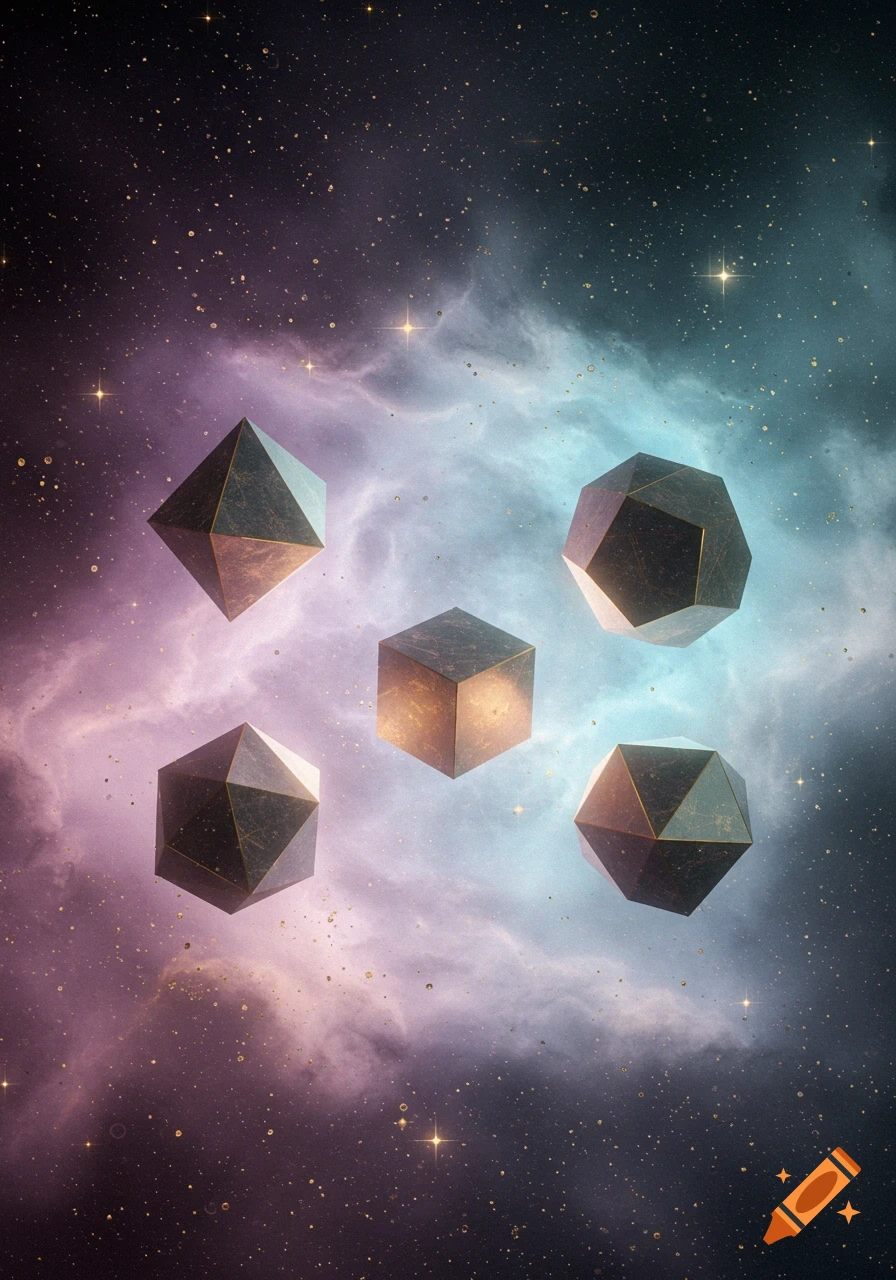Five metallic Platonic solids float in a colorful space nebula with scattered stars.