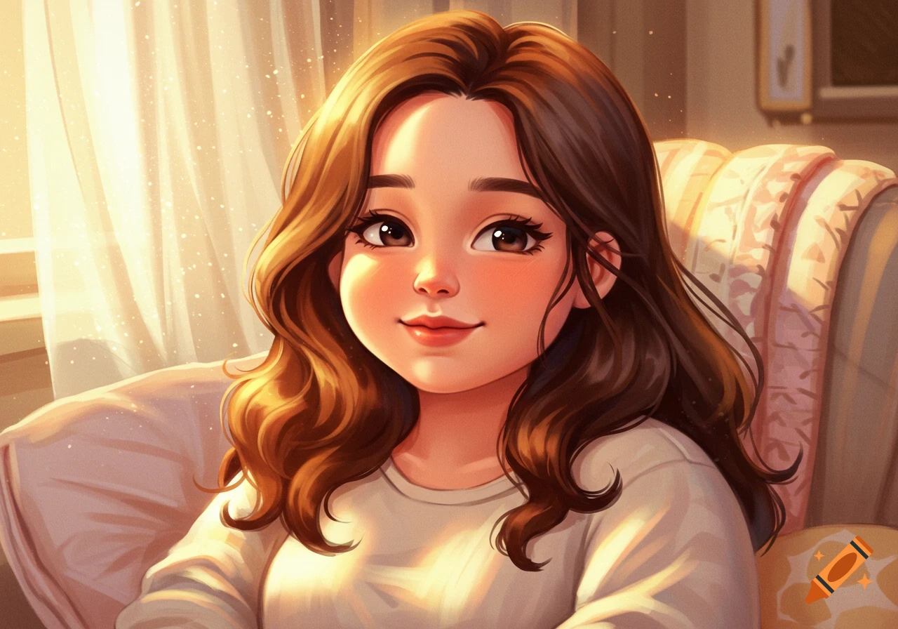 A cute anime-style young woman with brown wavy hair smiles in warm light.