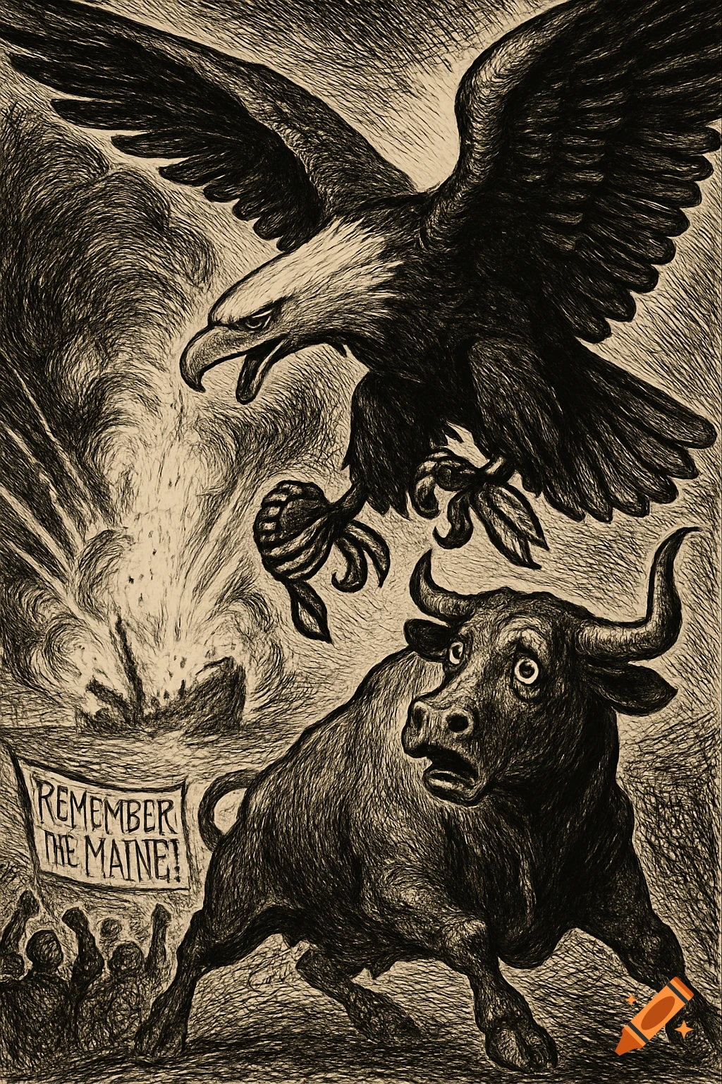 Sepia-toned 1898-style political cartoon depicting an American eagle swooping over a panicked Spanish bull, with an exploding ship and people holding a 'Remember the Maine!' banner in the background.