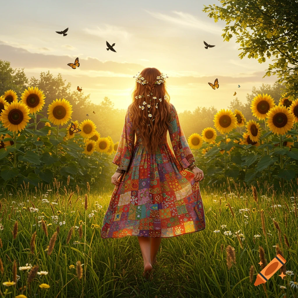 A woman with long red hair and a patchwork dress walks barefoot through a field of sunflowers at sunset.