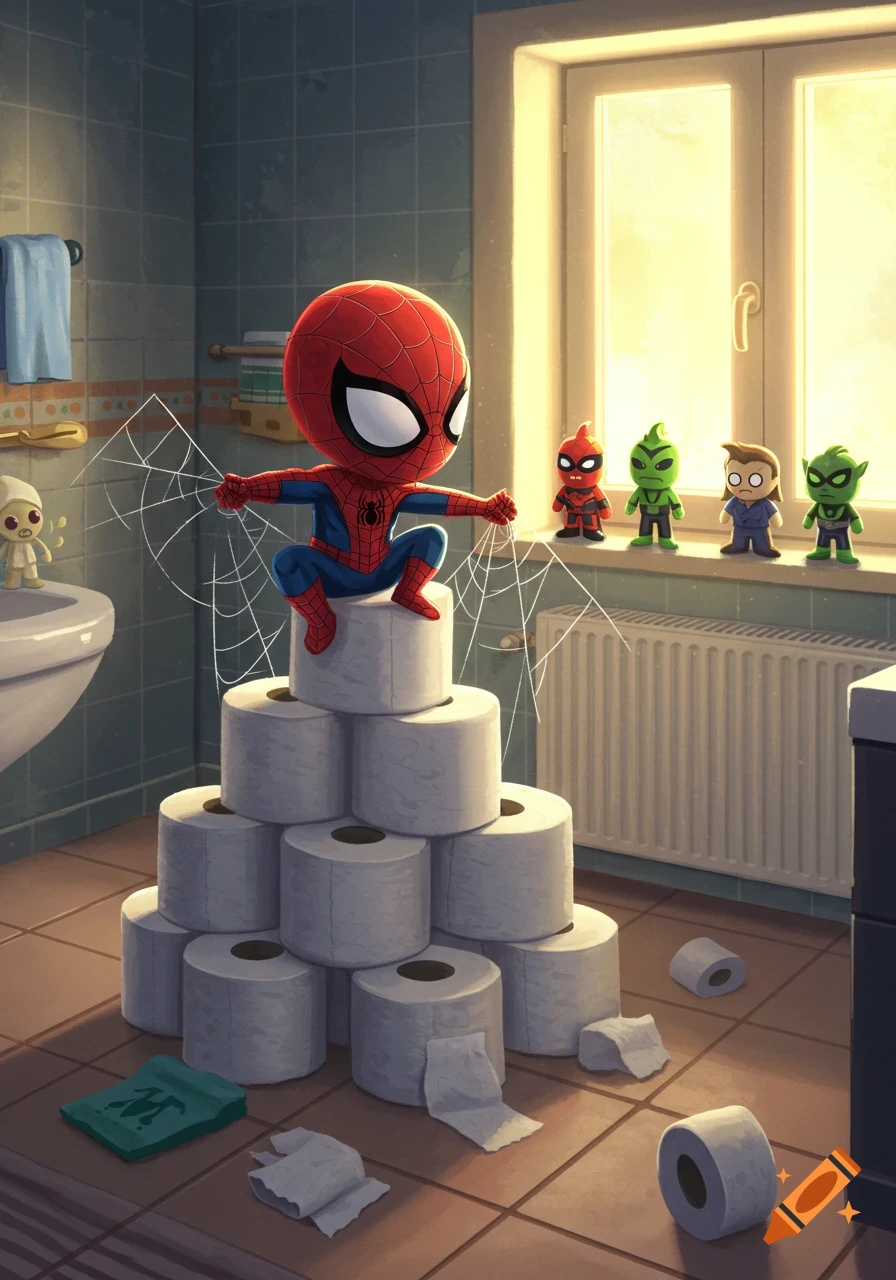 A cute, cartoon Spiderman sits on a tall stack of toilet paper rolls in a sunny bathroom, surrounded by web.