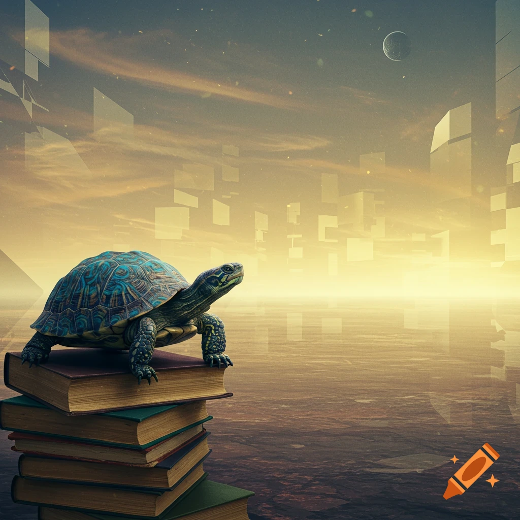 A turtle with a blue shell stands on a stack of books, overlooking a surreal, sunlit ocean with abstract geometric structures and a moon.