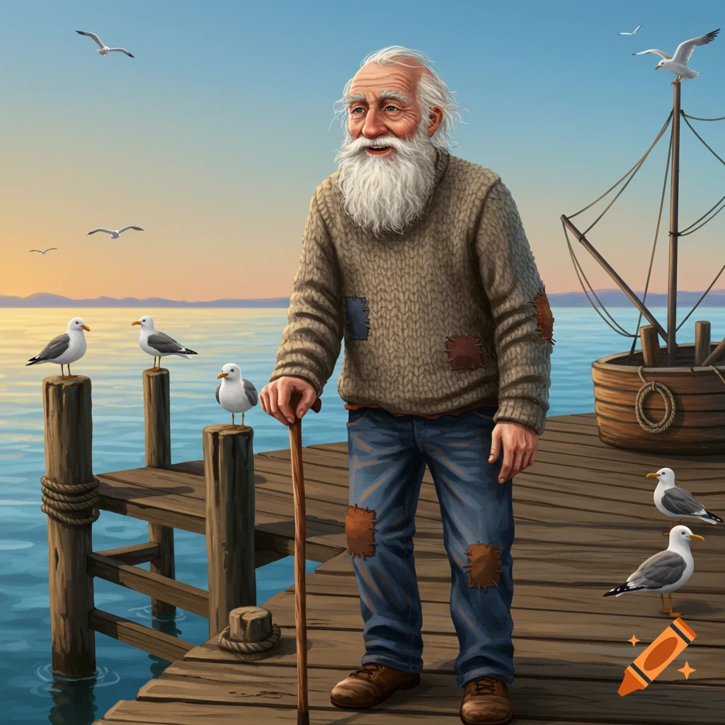 An old man with a white beard and patched sweater stands on a wooden pier with a cane. Seagulls surround him by the sea with a boat at sunset. Digital art.