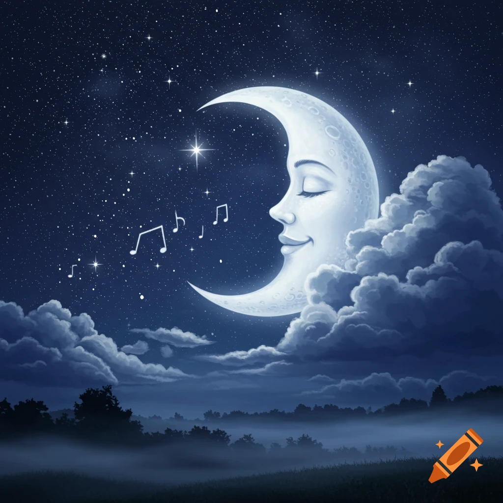 A whimsical crescent moon with a gentle face sings musical notes in a starry night sky above misty forests and clouds.