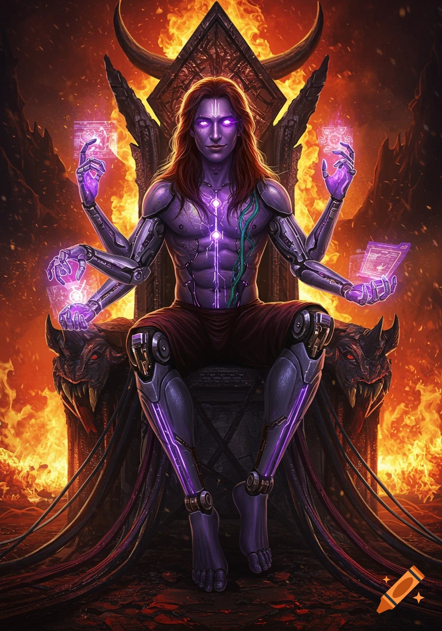 A cybernetic deity with purple skin and glowing eyes sits on a demonic throne amid a fiery, hellish landscape, manipulating holographic screens.