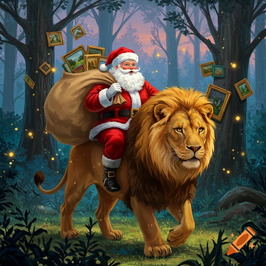 Santa Claus rides a regal lion through an enchanted forest, carrying a large sack overflowing with framed artworks.