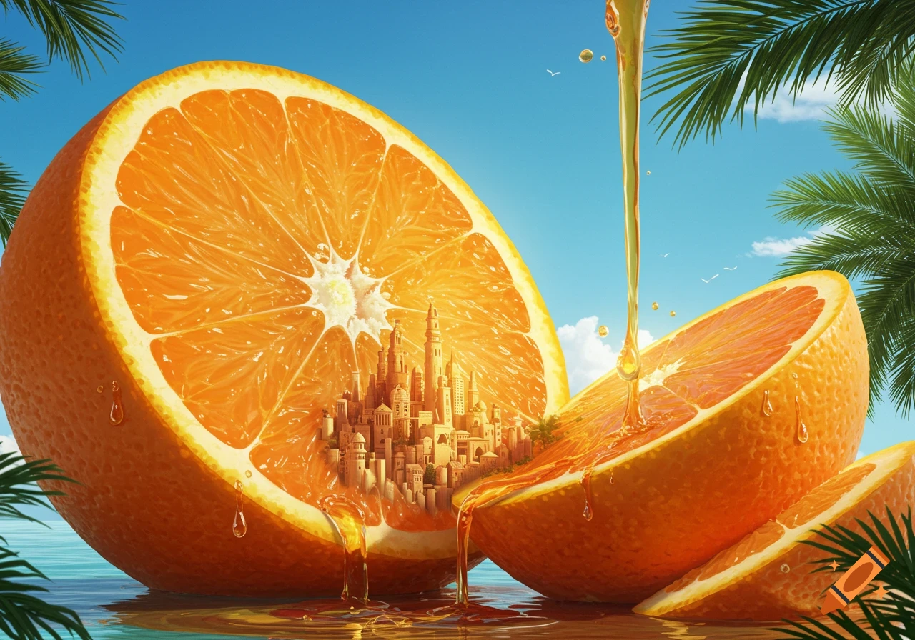 A giant, photorealistic orange, sliced open in a tropical setting, with juice dripping and a tiny fantasy city carved into its flesh.
