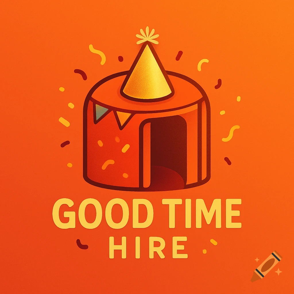 Stylized logo of a red cake-like structure with a yellow party hat and confetti, text 'GOOD TIME HIRE' on orange background.