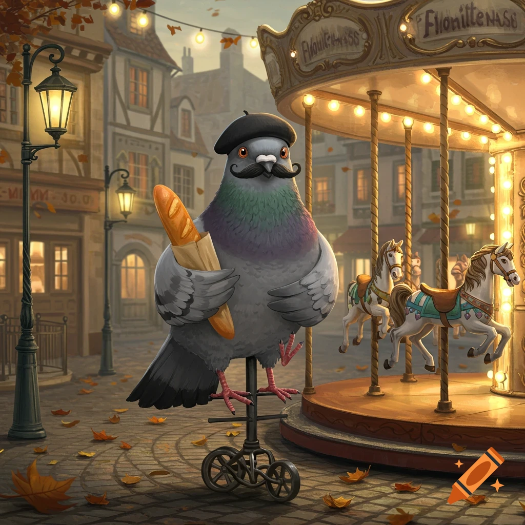 A whimsical French pigeon with a mustache, beret, and baguette stands on a unicycle next to a carousel in an autumn Parisian street.