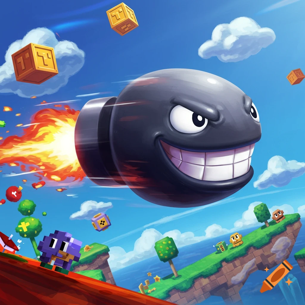 A giant, menacing Bullet Bill with a fiery trail flies across a vibrant, cartoonish Super Mario-style landscape.
