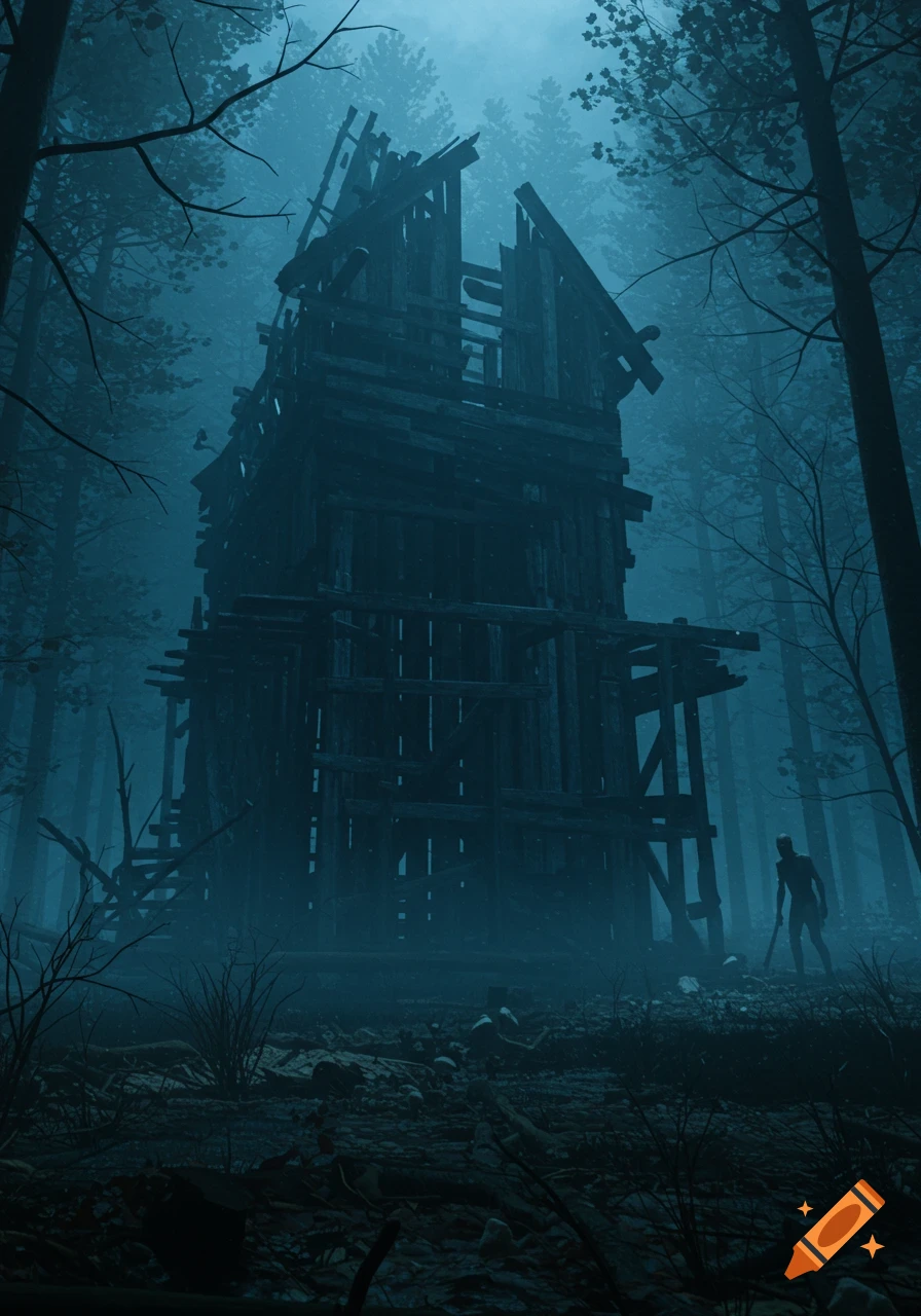 A gaunt figure holding a machete stands by a dilapidated cabin in a foggy, dark forest at night, creating a horror atmosphere.