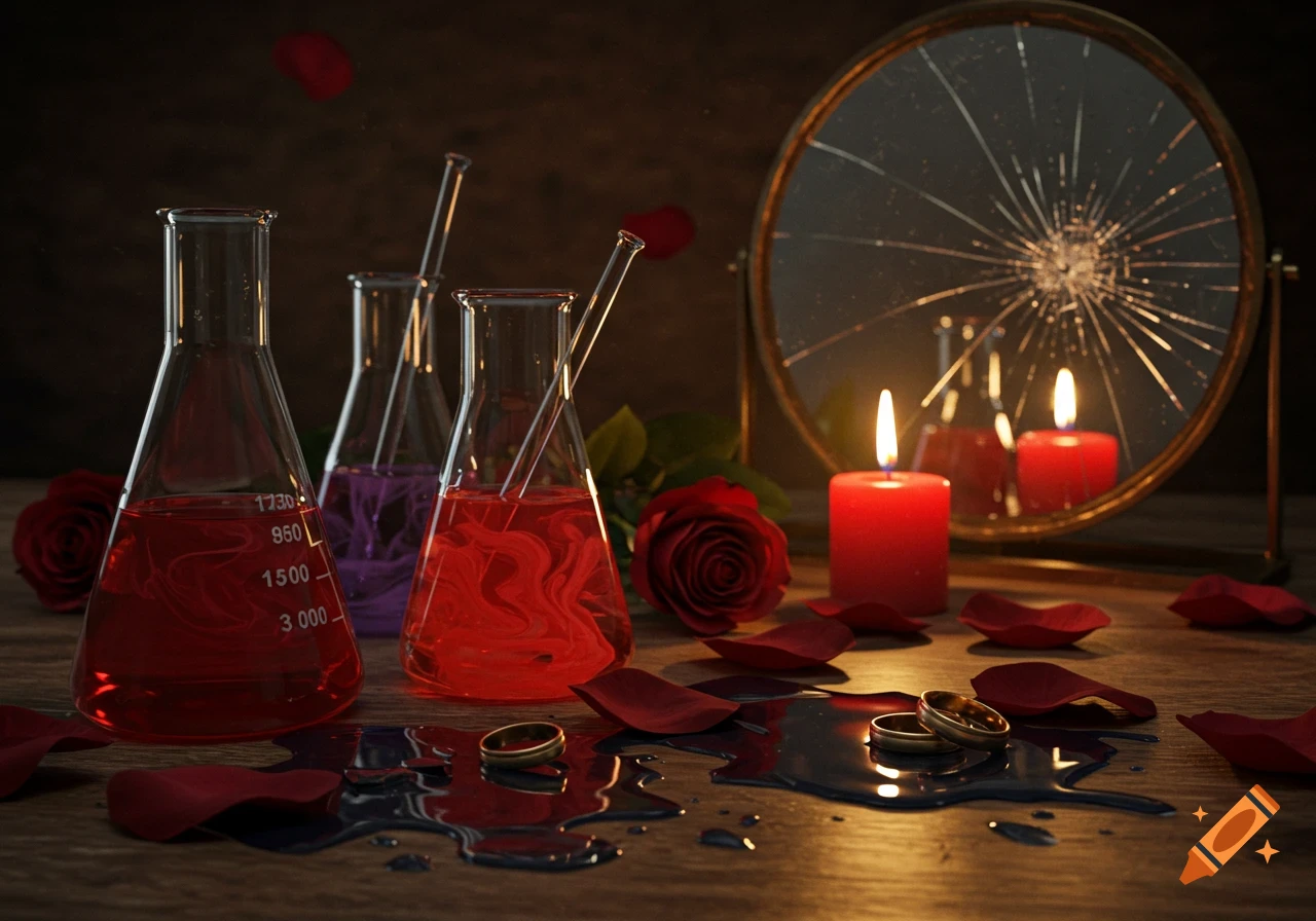 A dramatic still life with beakers of red and purple liquid, a lit red candle, roses, rose petals, a broken mirror, spilled dark liquid, and two wedding rings on a wooden table.