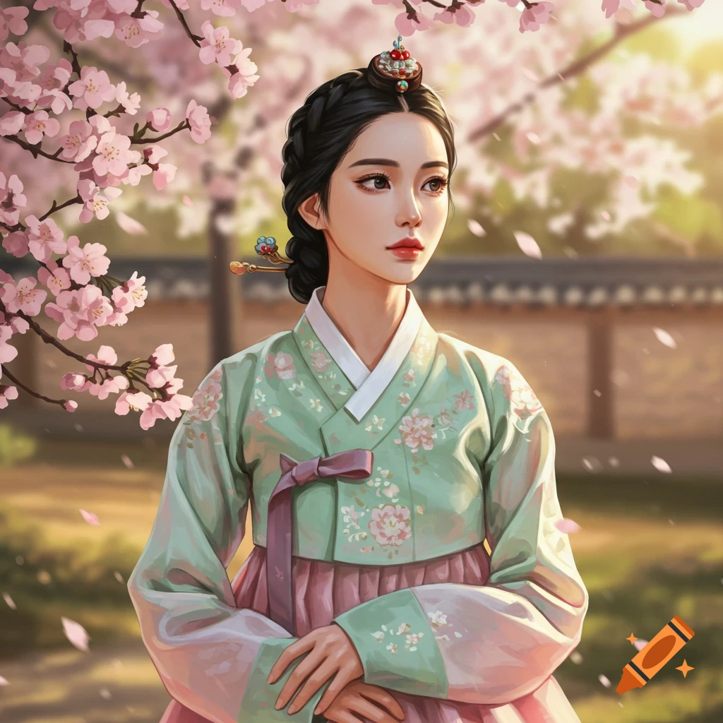 Stylized illustration of a young Korean woman in a light green hanbok with pink cherry blossoms, looking to the right.