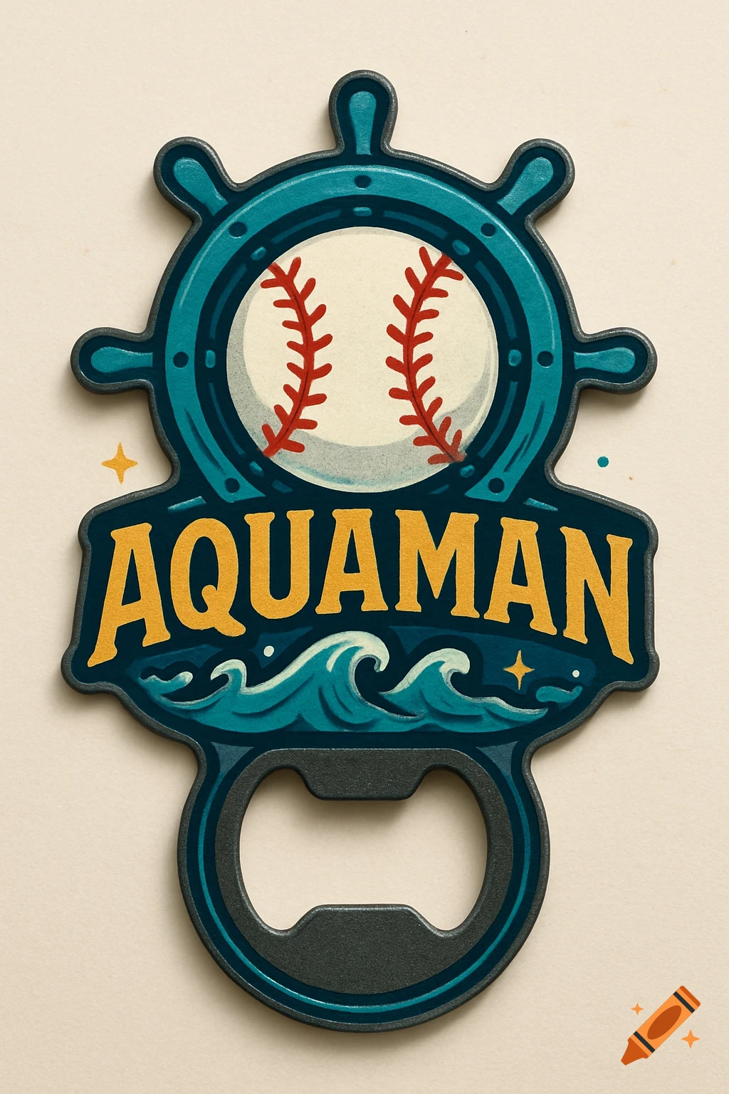 A cartoonish bottle opener shaped like a ship's wheel with a baseball center, text 'AQUAMAN', waves, and stars.
