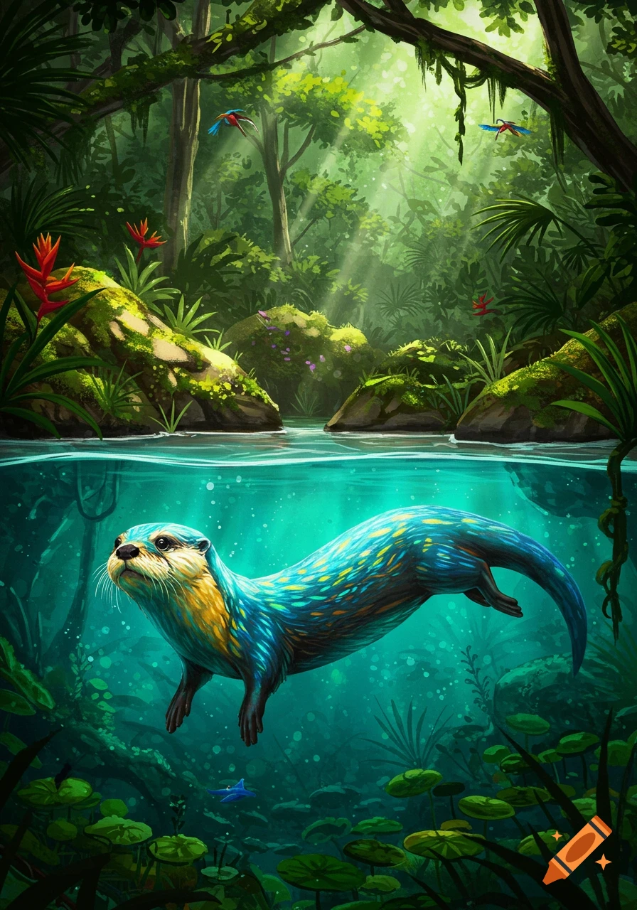 A vibrant blue and yellow otter swims in clear water, half above and half below the surface, in a lush sunlit tropical rainforest.