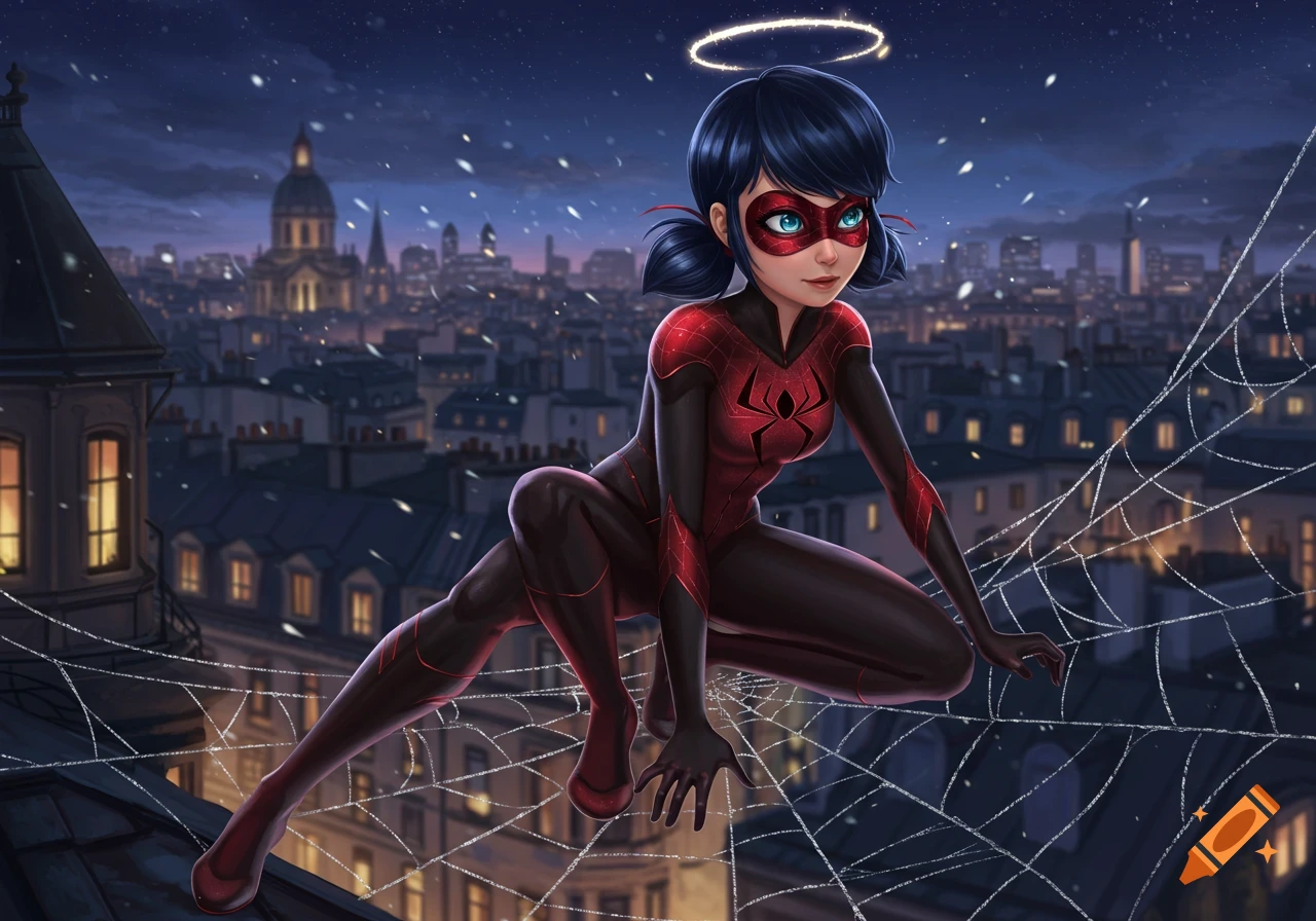 Marinette, dressed in a red and black spider-superhero suit with a halo, crouches on a snowy rooftop, overlooking a city at night.