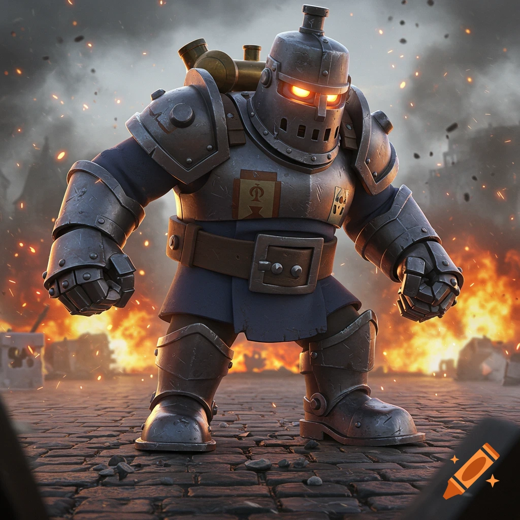A stylized, heavily armored knight-like robot with glowing orange eyes stands on a cobblestone path amidst fire and smoke.
