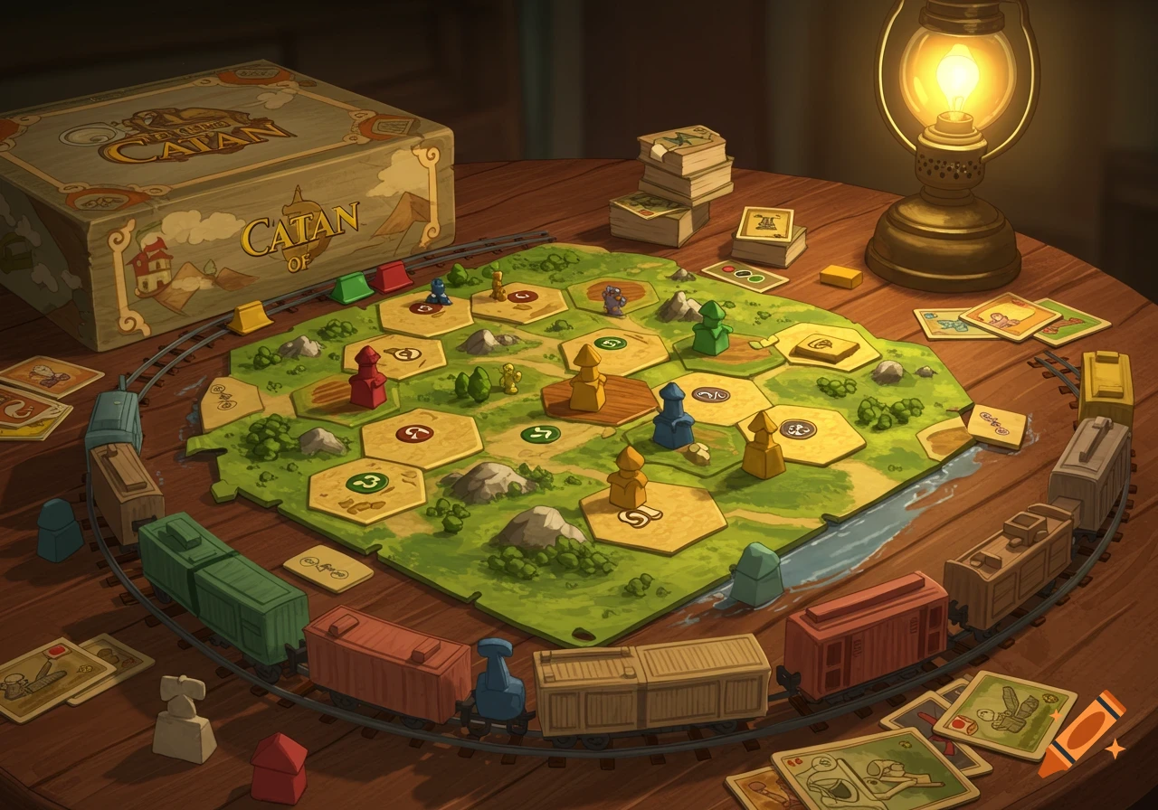 An overhead view of a Catan-like board game setup on a wooden table, illuminated by a lantern, with train pieces and resource cards.