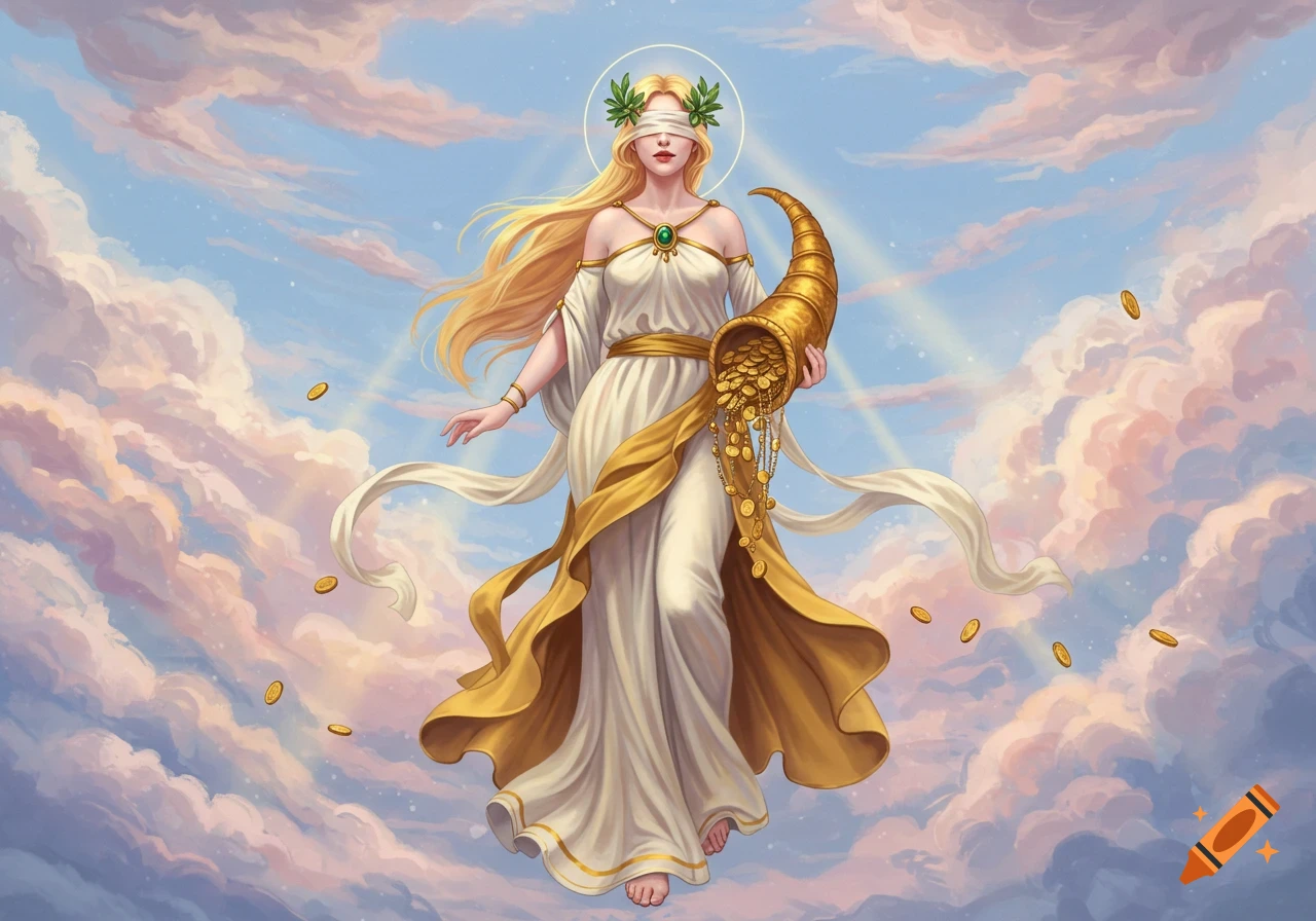 An illustration of a blindfolded goddess in white and gold robes, holding a cornucopia overflowing with gold coins while floating in a cloudy sky.