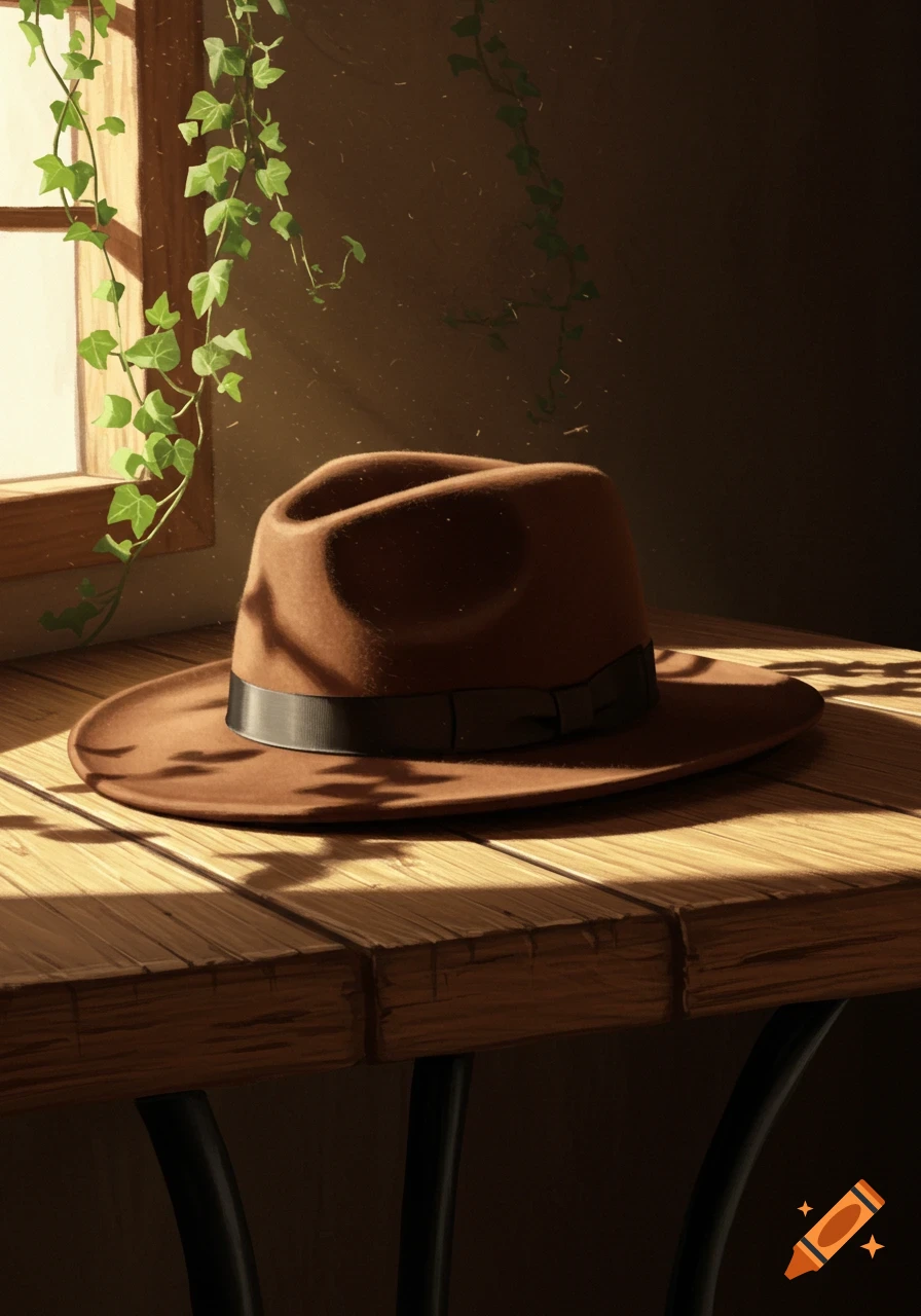 A brown fedora hat sits on a rustic wooden table, illuminated by a sunbeam through a window with ivy vines.