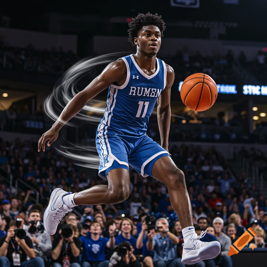 Photorealistic image of a young Black basketball player in a blue uniform mid-air with a ball during a game in a stadium.