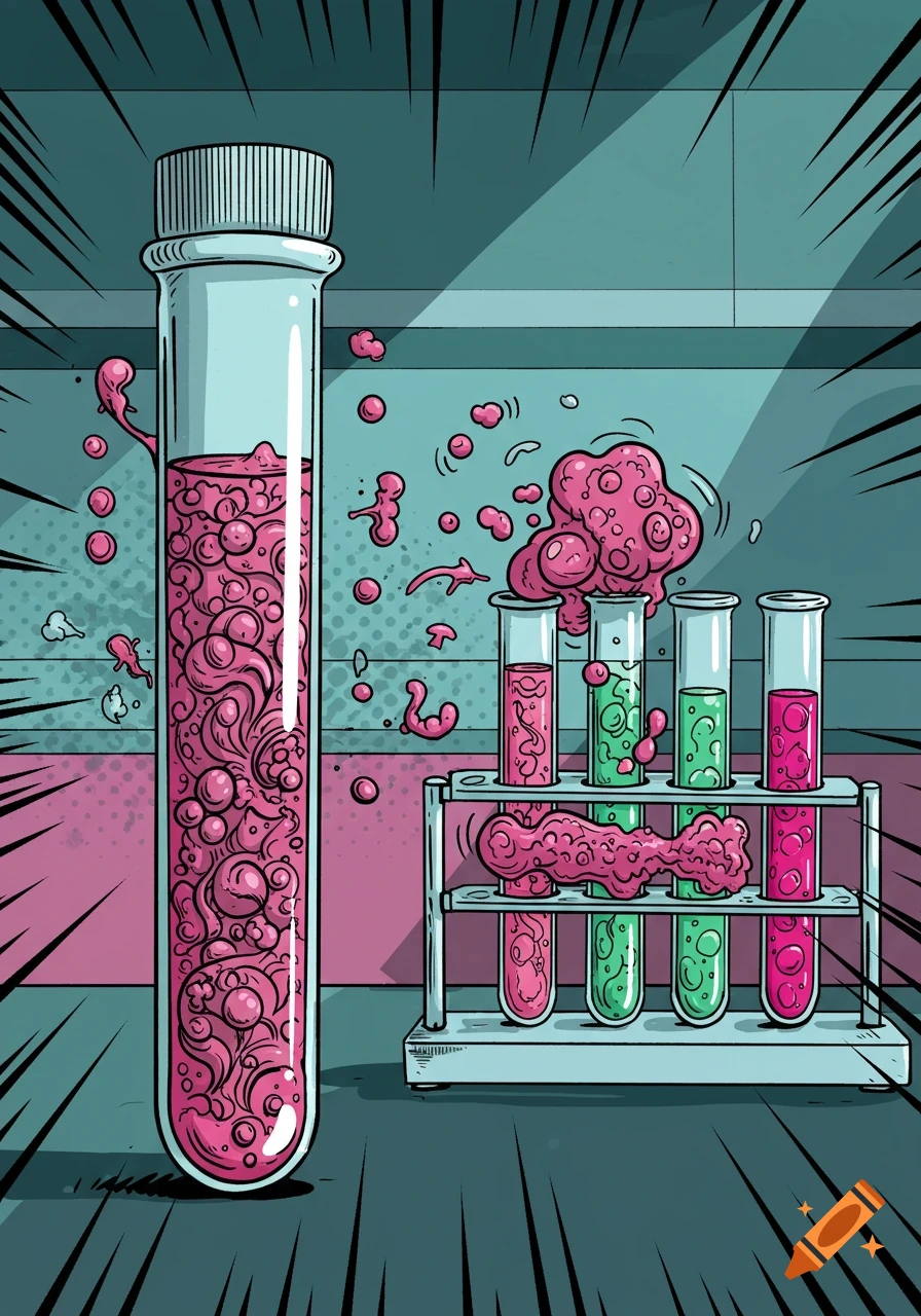 A comic-style illustration of an overflowing, capped test tube filled with pink, bubbling liquid, next to a rack of other green and pink test tubes.
